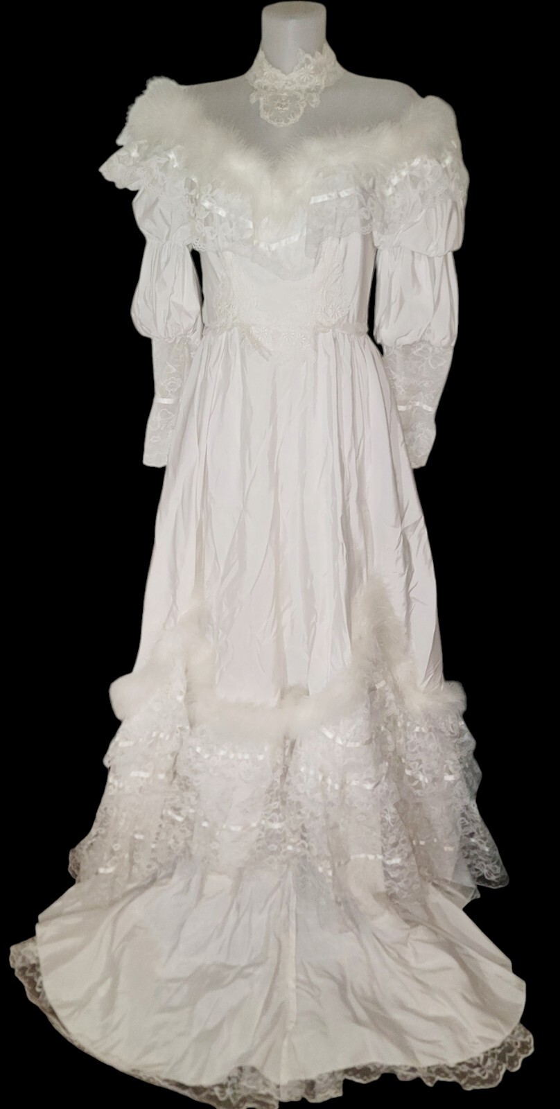 Vtg Womens Victorian Renaissance Ivory Lace Feathers Prairie Dress Sz 13/14