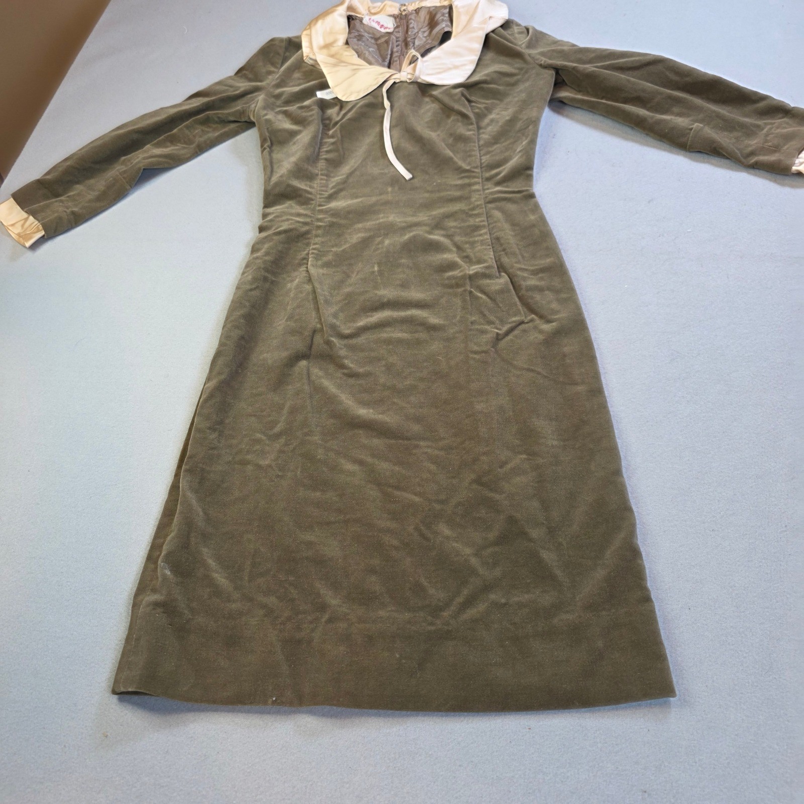 Maggi Stover Vintage Olive Green Velvet Dress Peter Pan Collar Distressed