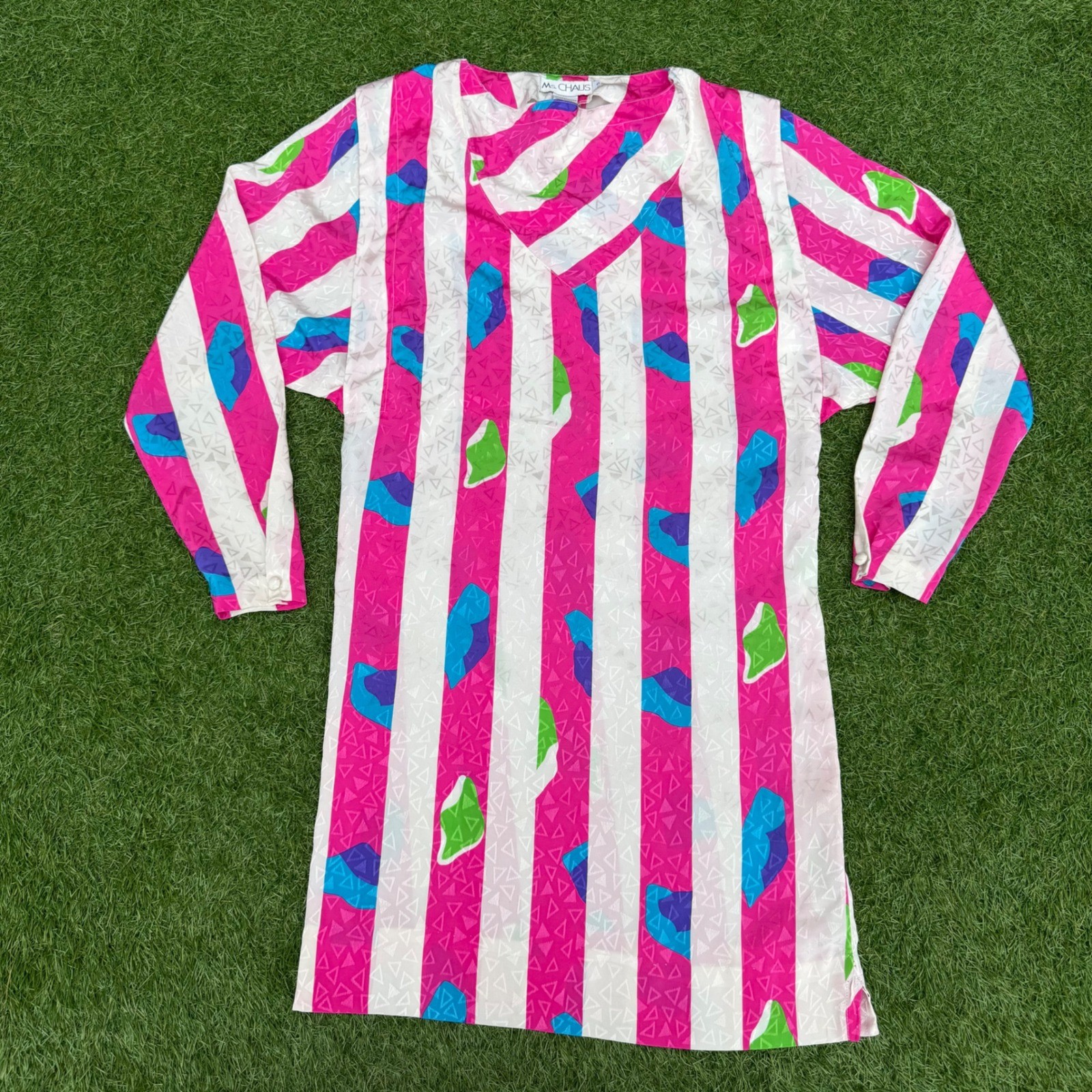 Vintage Ms. Chaus Dress Size XS Pink White Striped Long Sleeve Retro 80s Funky