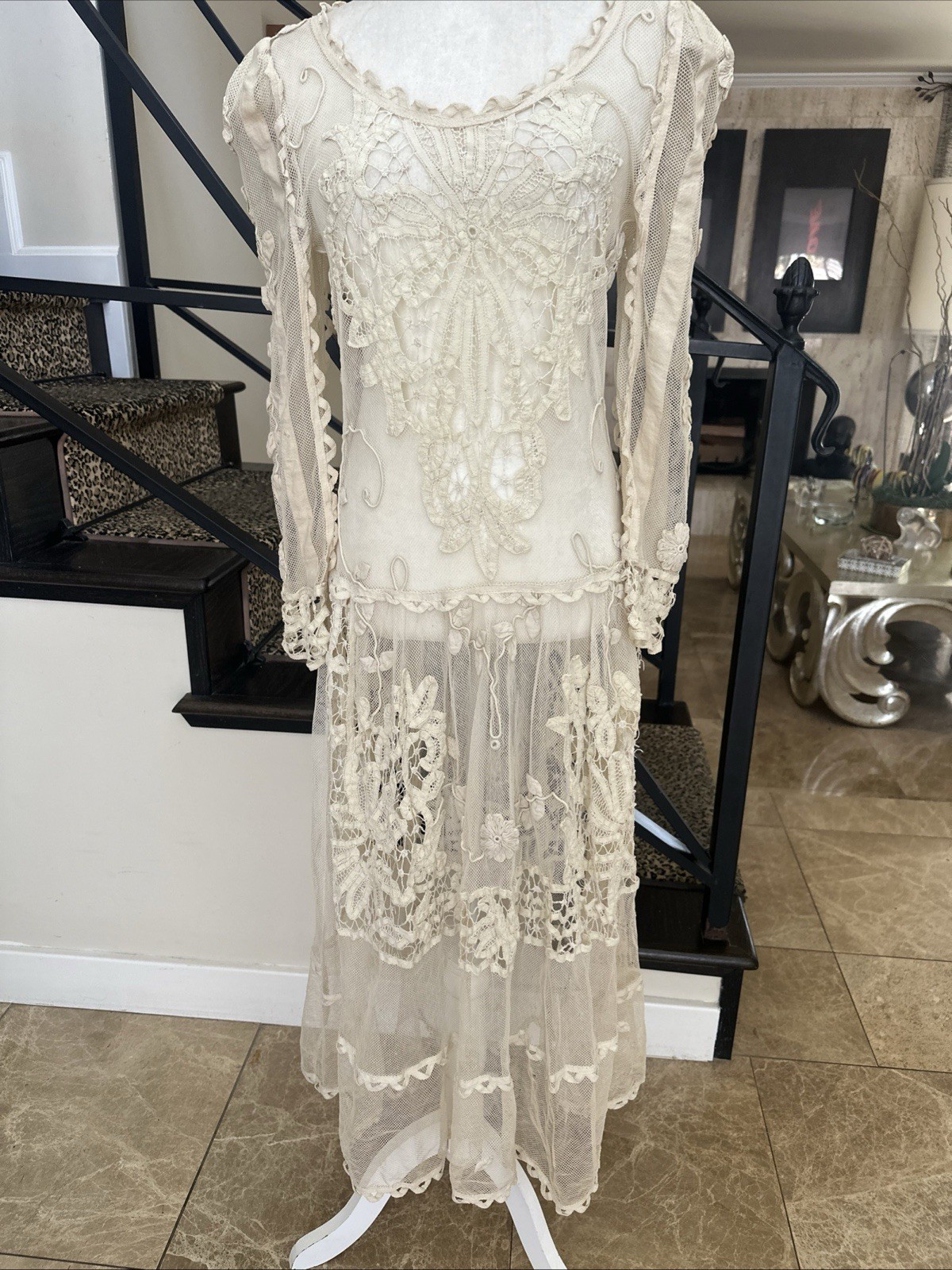 Early 1900s Ivory Hand Embroidered Crocheted Net Lace Drop Waist Dress Small