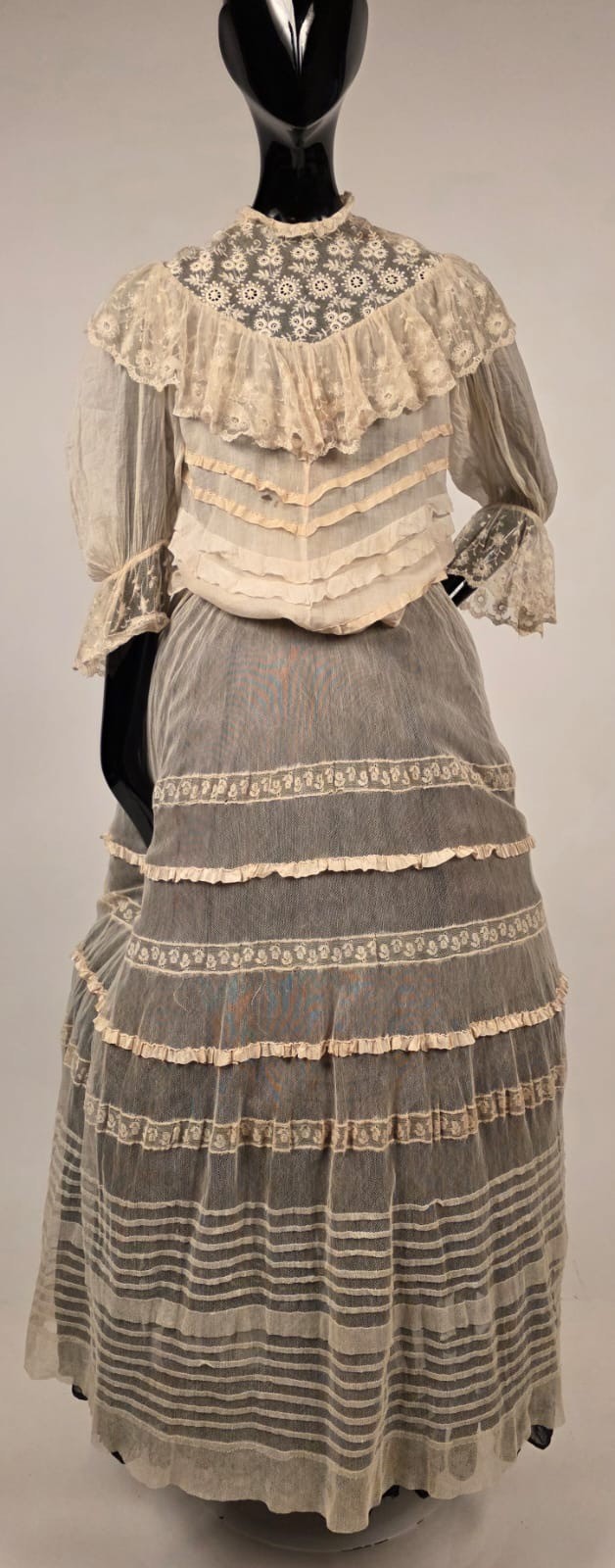 EARLY EDWARDIAN NET + MUSLIN DRESS W SILK RIBBON TRIMS