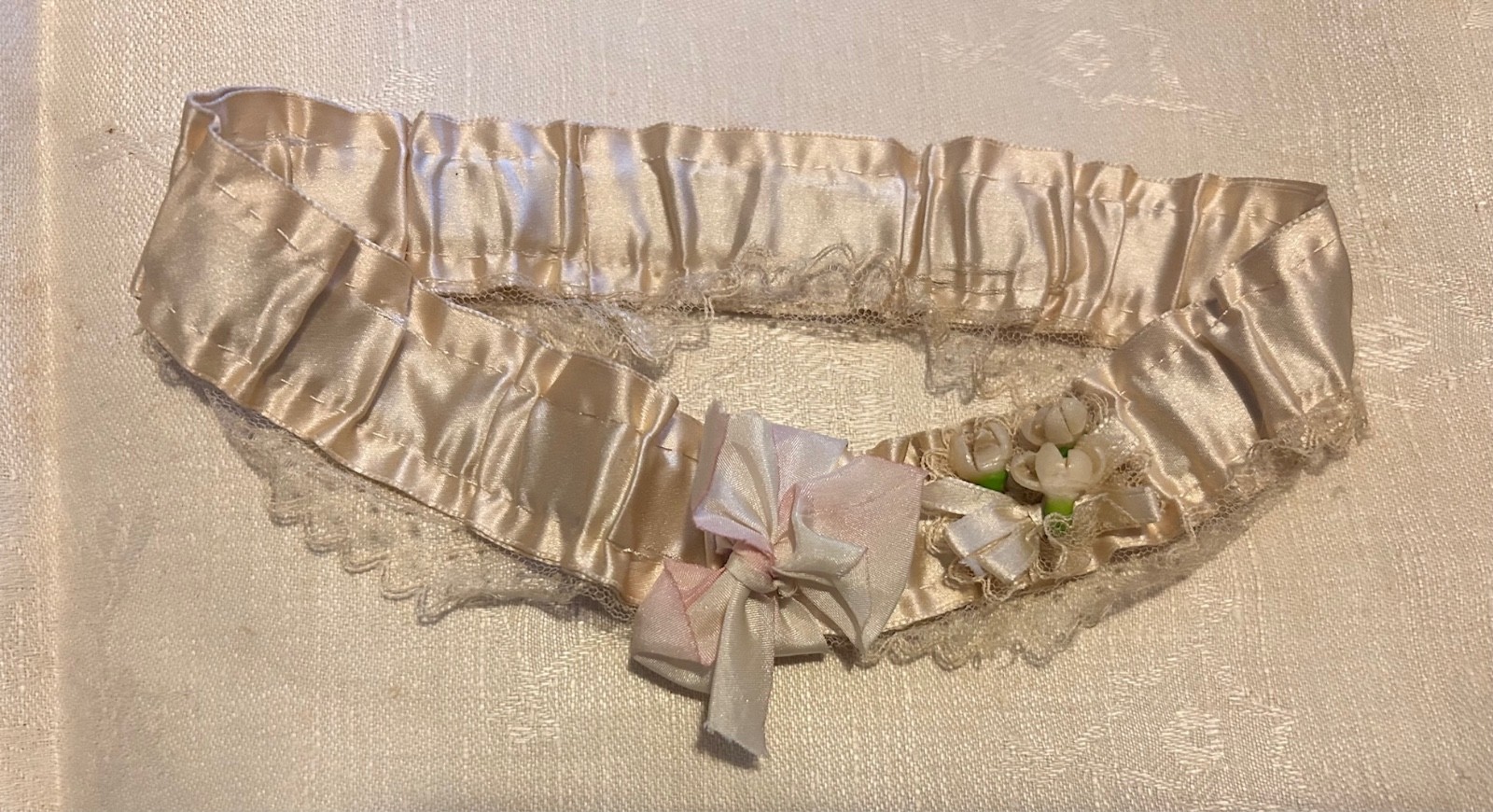 Antique Creamy Colored Silk Satin Wedding Garter w Wax Roses heirloom Handmade