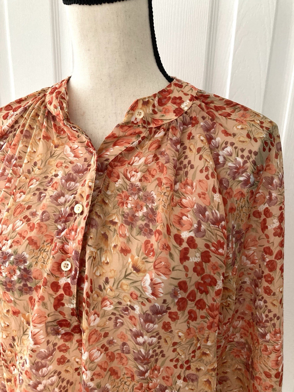 Vtg 70s 80s Autumn Floral Secretary Blouse Top Semi Sheer Women’s Size 7/8