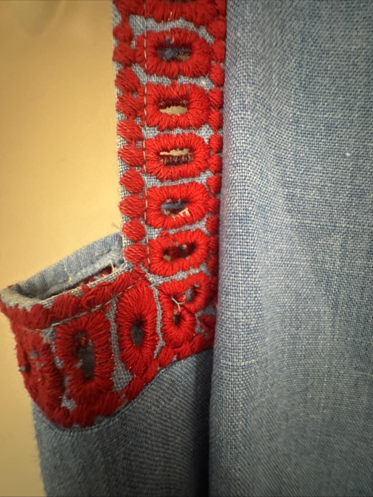 Pat Sandler for Pat’s Place Blue Chambray Dress Red Cutwork Embroidery Size 8