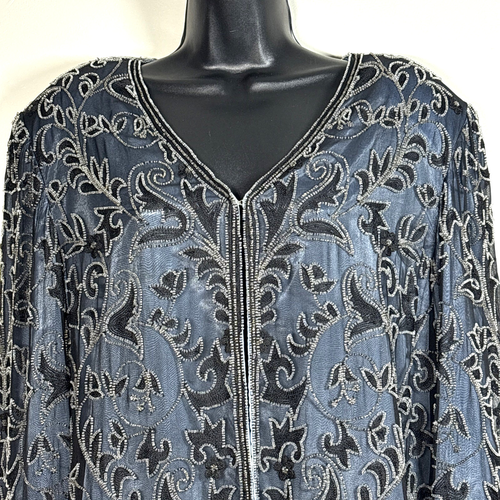 Adrianna Papell Jacket XL Beaded silk Navy blue Cocktail Formal embroidered