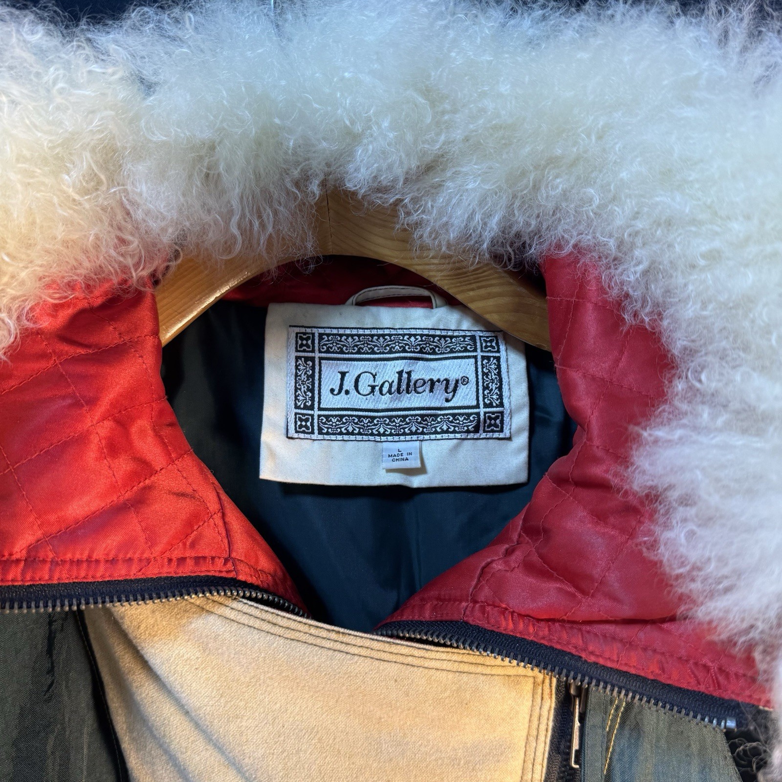 Vintage National Park J.Gallery Colorful Bomber Jacket Mongolian Lamb Fur Trim L