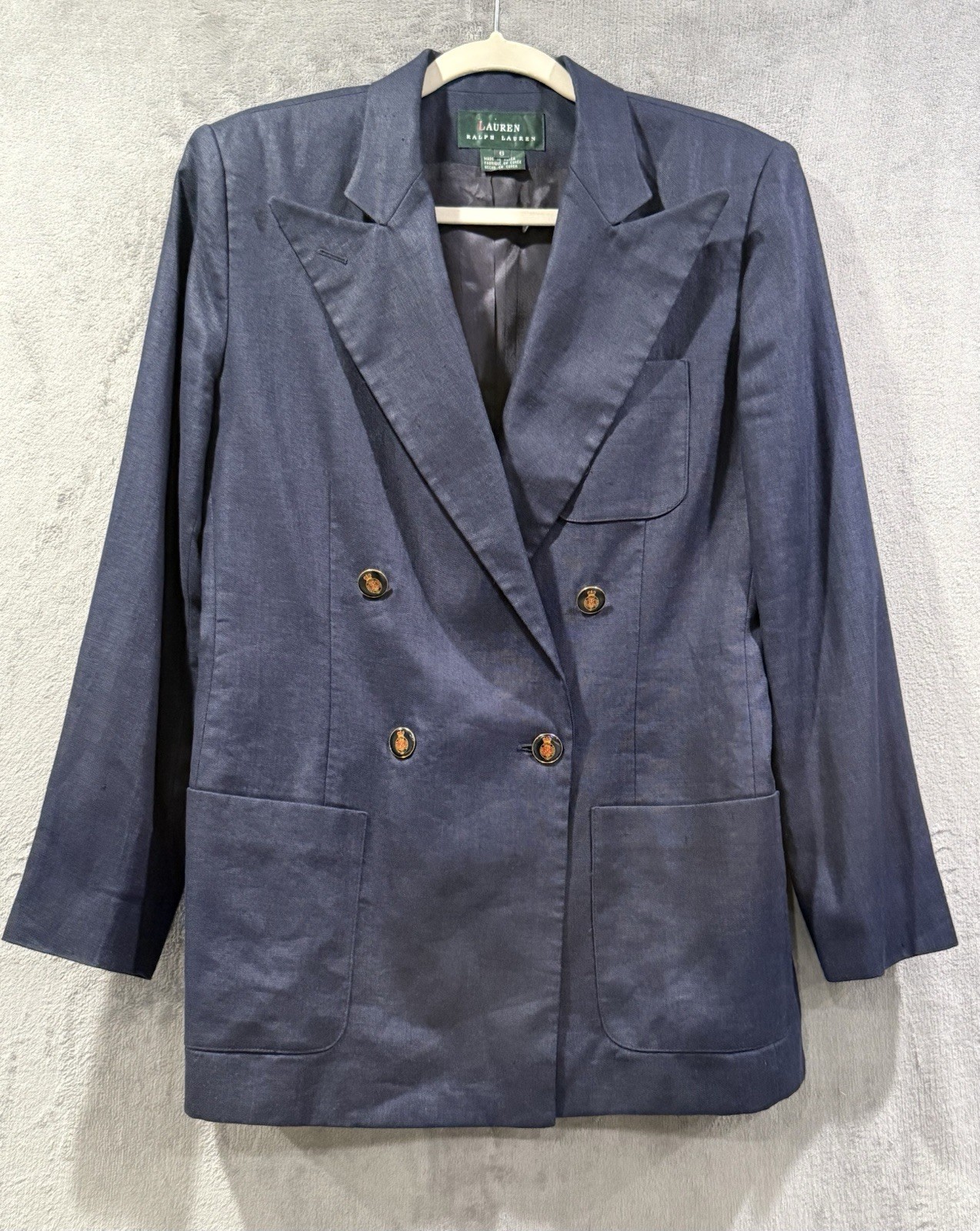 Vintage Ralph Lauren 100% Linen Blazer Women 6 Navy Logo Crest Button Old Money