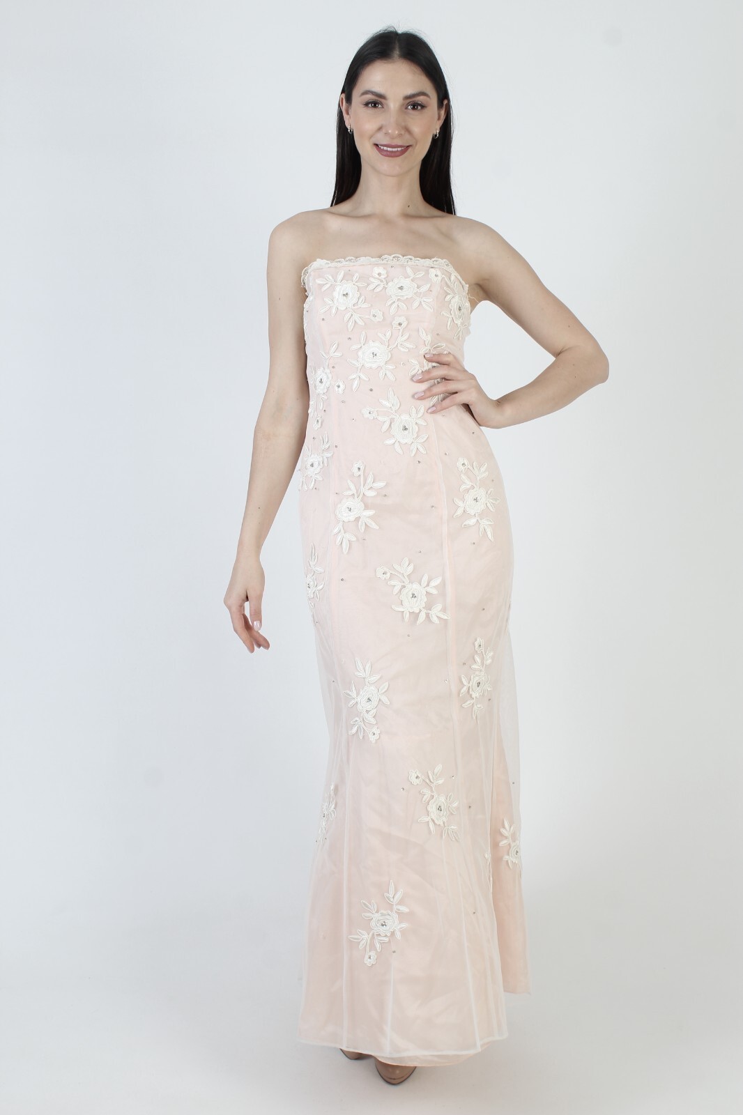 Vtg 90s Niki Livas Dress Pink Beaded Strapless Y2K Prom Mermaid Illusion Gown 6