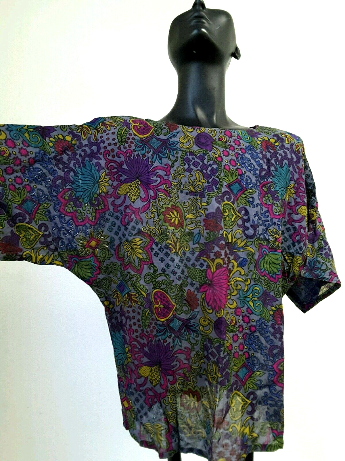 80s Zashi Rayon Top Kitsch Pattern Purple WILD PATTERN HEART Shoulder Pads NEW S