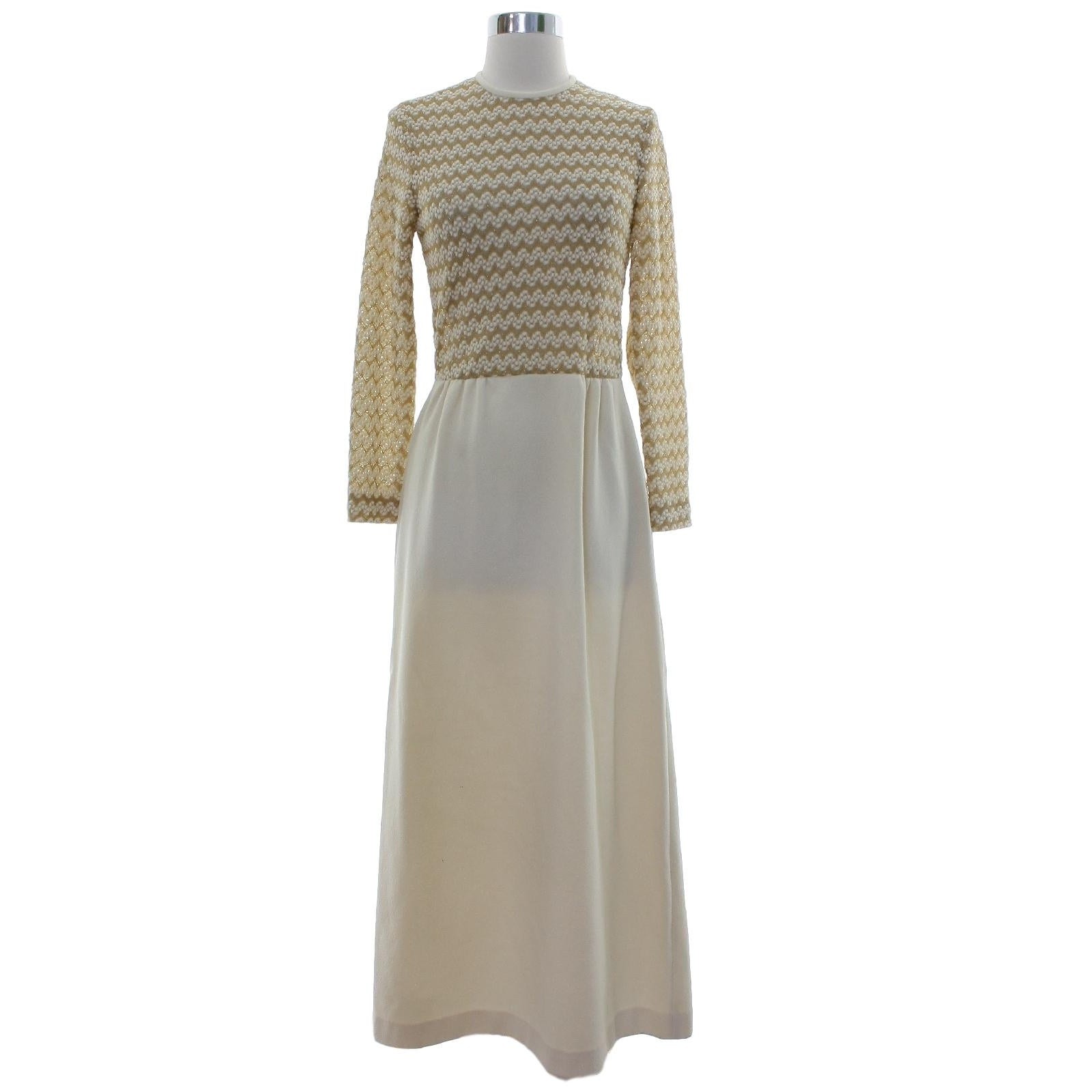 Vintage 1960s Ivory Gold Knit Maxi Dress Long Sleeve Sheer Bodice Women’s XS