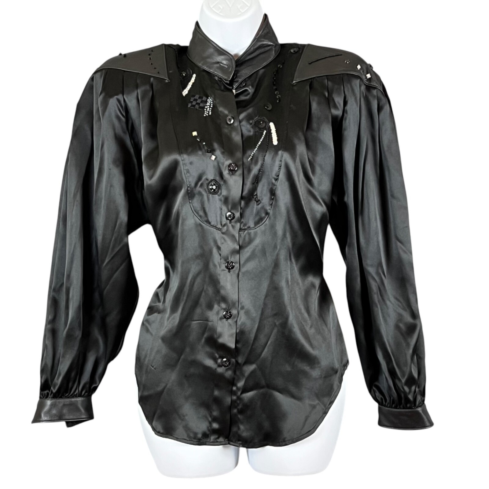 80’s Vtg Marc D’Alcy Paris Blk Silk & Leather Blouse Embellished Big Shoulders 6