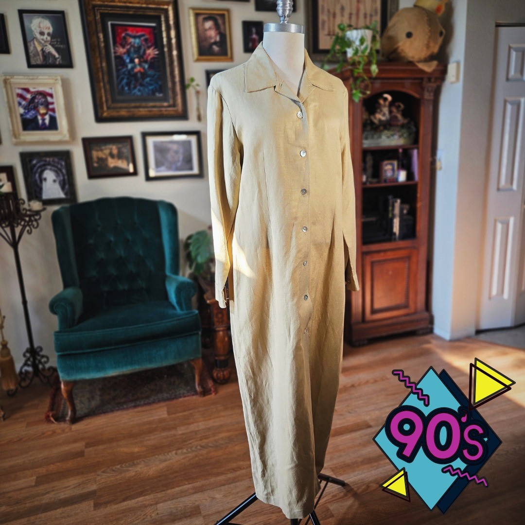 Styleworks Maxi Dress Vintage 90s Tan Linen Rayon Button Front Long Sleeve 12