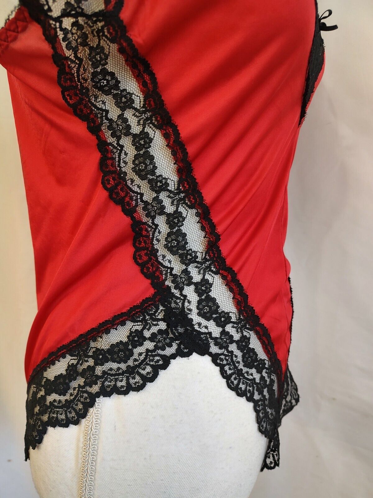 80’s Vintage Teddy Romper Red Nylon & Black Lace Super High Cut Leg Sexy Sz S