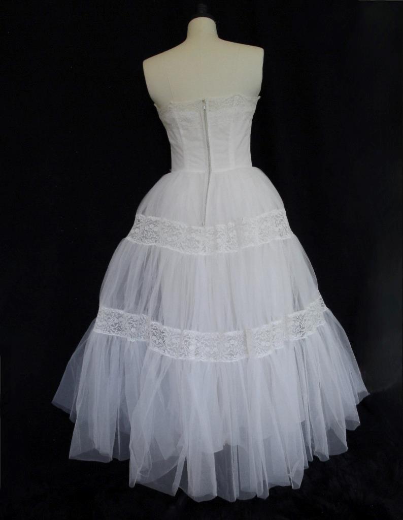 Vintage 50s Emma Domb White Tulle & Lace 2pc Wedding or Prom Dress Tiered Ruffle