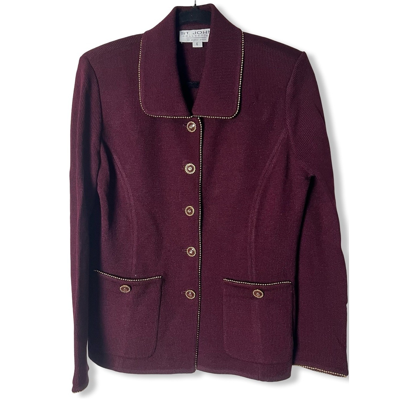 VTG ST JOHN Collection Burgundy Santana Knit Jacket Blazer Gold Beaded Trim Sz 6
