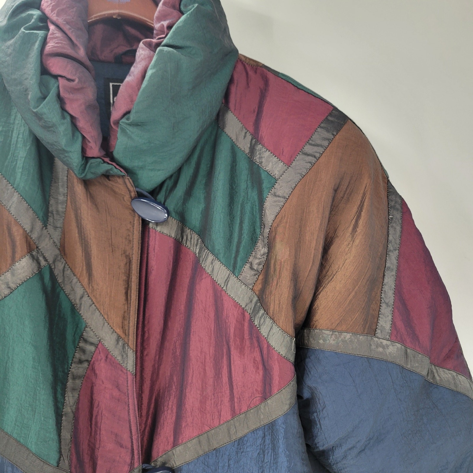 Vintage Down Fill Long Puffer Coat S Blue Red Geometric Colorblock High Collar
