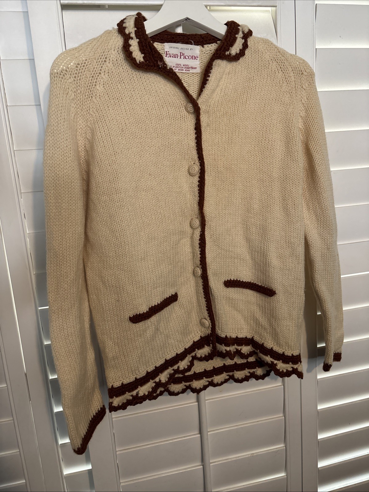 1960s 70s Evan-Picone wool cardigan ivory with brown trim Size S/M