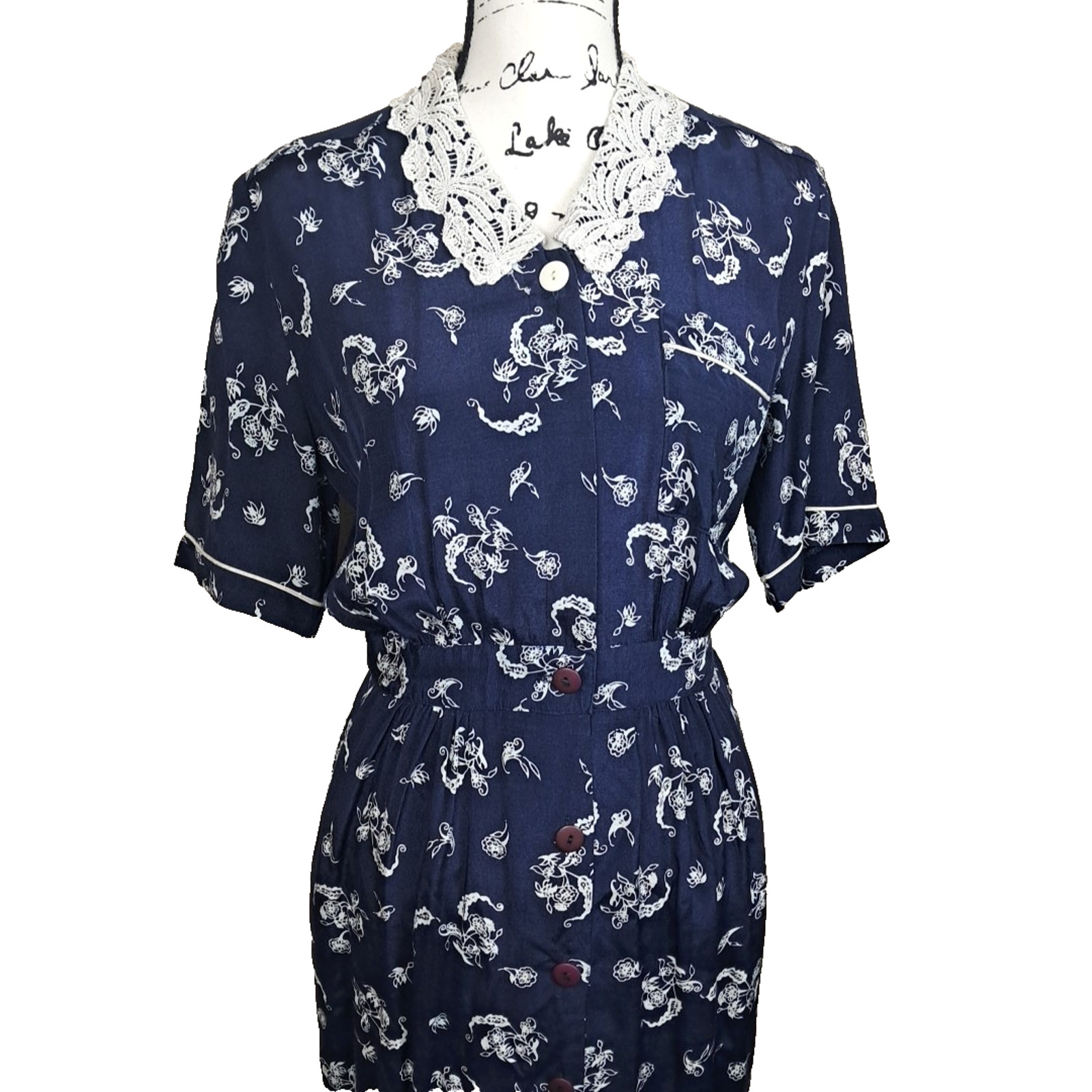 90’s Karen Stevens Floral Lace Collar Pencil Midi Dress Size 6 Blue Cottagecore