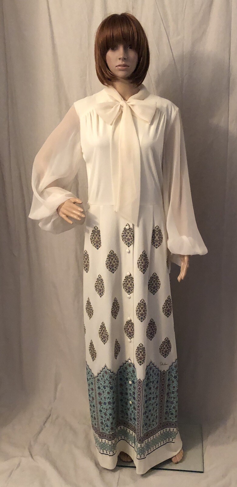 Vintage 1970s Alfred Shaheen Maxi Dress Pussy Bow Button Down Front Tag Size 14