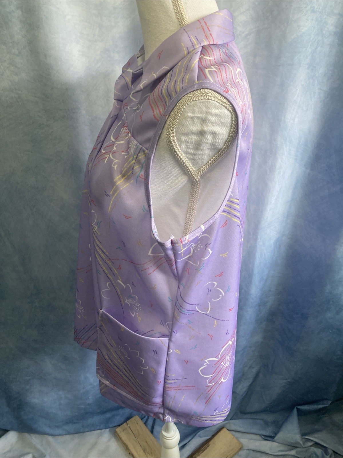 Vintage 70s Purple Abstract Floral Smock Blouse Sleeveless Polyester GUC Size L