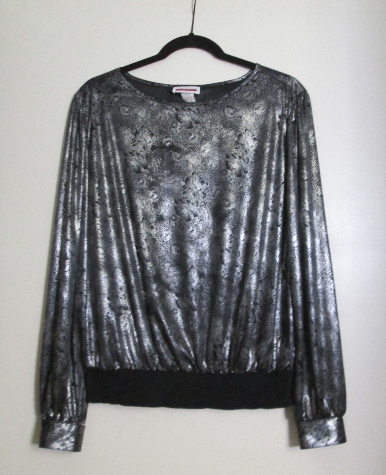 Vintage Judy Bond Shiny Sheer Silver Black Long Sleeve Blouse Size 16 USA