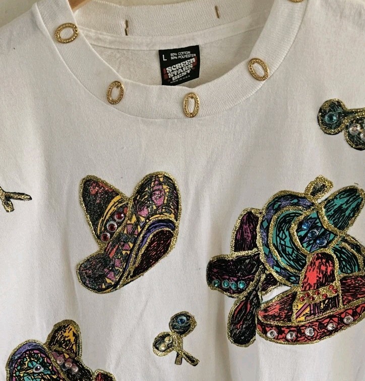 VTG Screen Stars Best Mexican Applique Gem Bead Sombero White Sz L Signed CAB