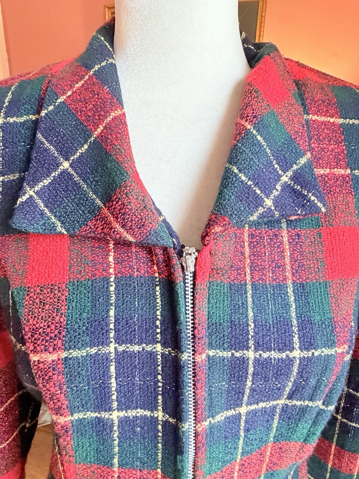 Vintage 90s Plaid Blazer Jacket Fitted Crop Shacket -Bold Bright Zip Up Holiday