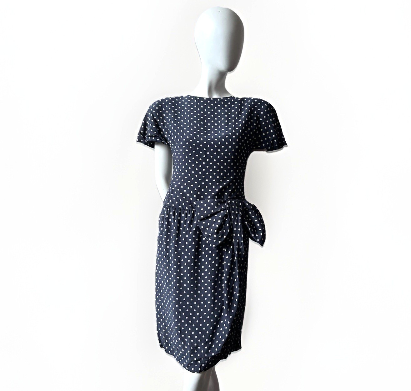 Vintage Arnold Scaasi Dress Pin Up Navy Blue White Polka Dot 80s Cocktail sz S