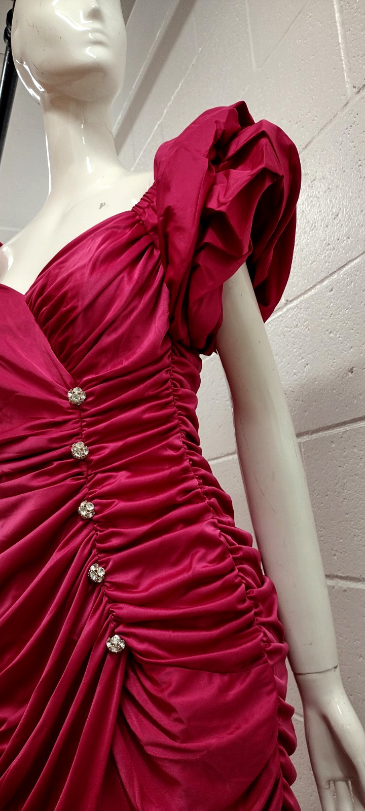 80s Couture Dress Pink Fuchsia Balloon Sleeve Rhinestone Buttons SAMIR 80s M