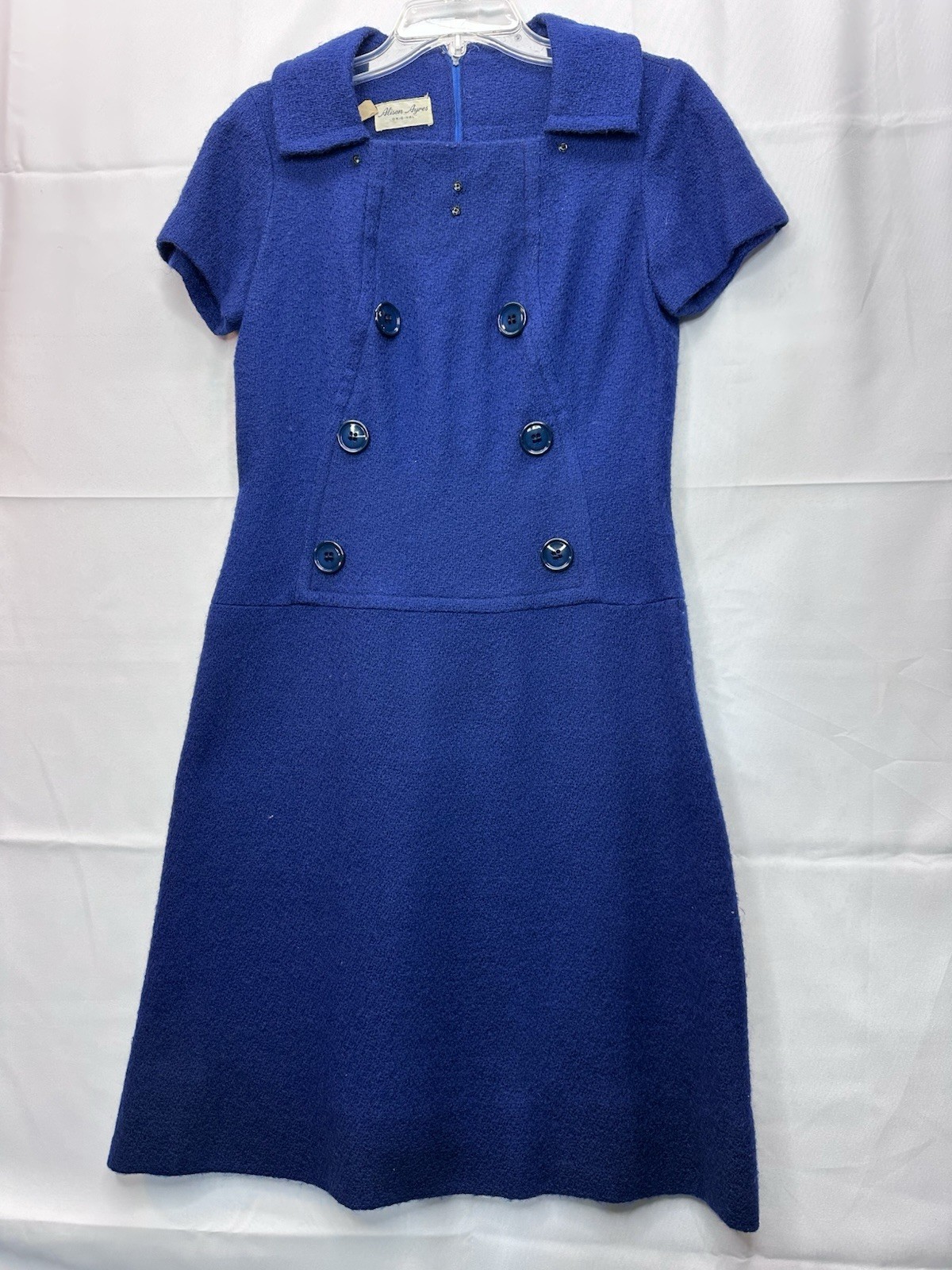 Vtg 60s Alison Ayres 12 Blue Nubby Woven Fabric Drop Waist Dress Scooter Mod