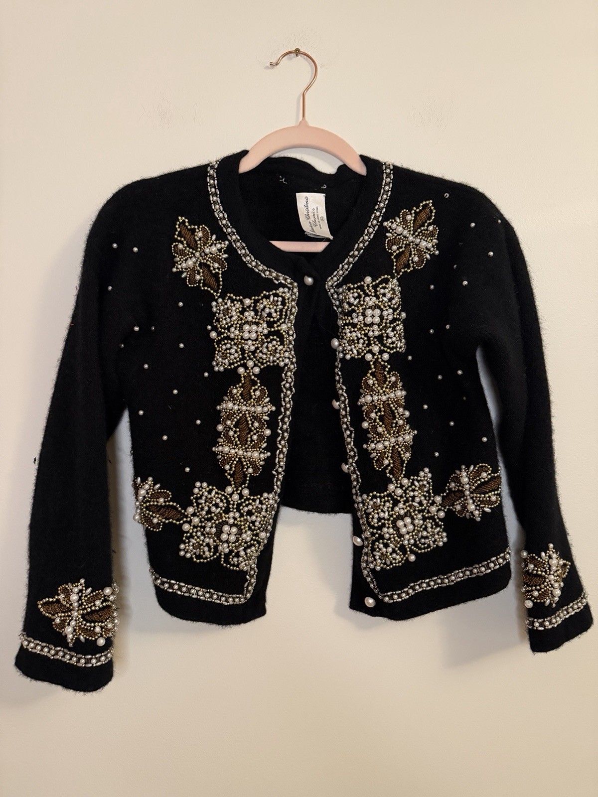 Vintage Marisa Christina Classics Beaded Cardigan Sweater Med Wool Angora Black