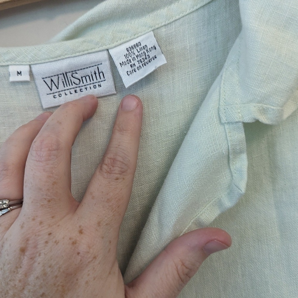 Vintage 90s Minimalist Sea Foam Linen Collared Top Women’s Medium Quiet Luxury