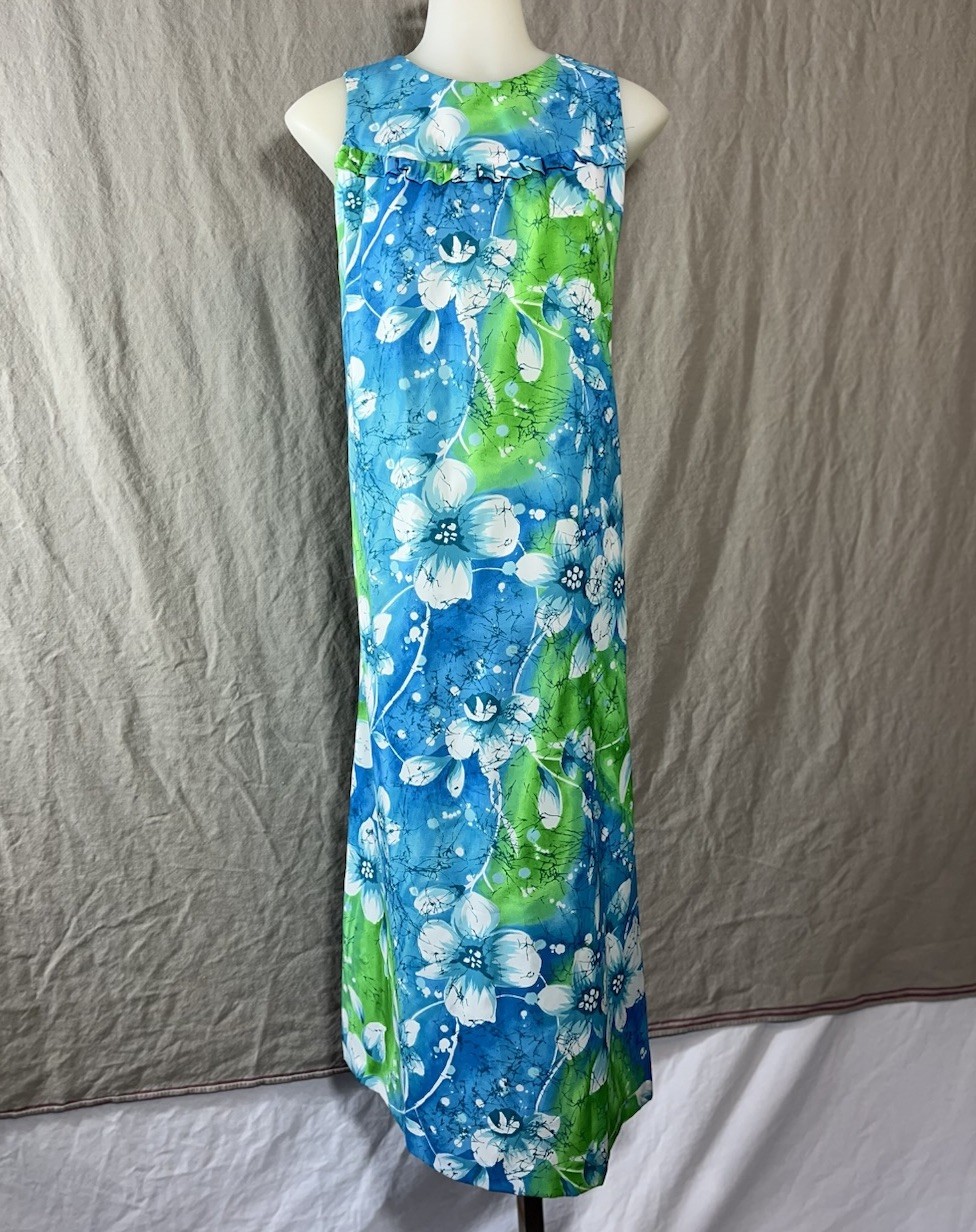 Vintage Pennys Hawaii Green Blue Floral Hawaiian Maxi Dress Size S