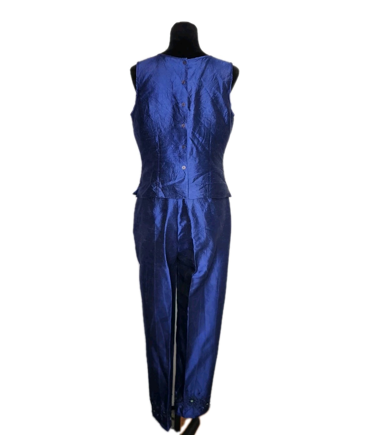 Sunny Leigh Vintage Blue Beaded Silk Dupioni 2 Piece Pants Blouse Set Size M