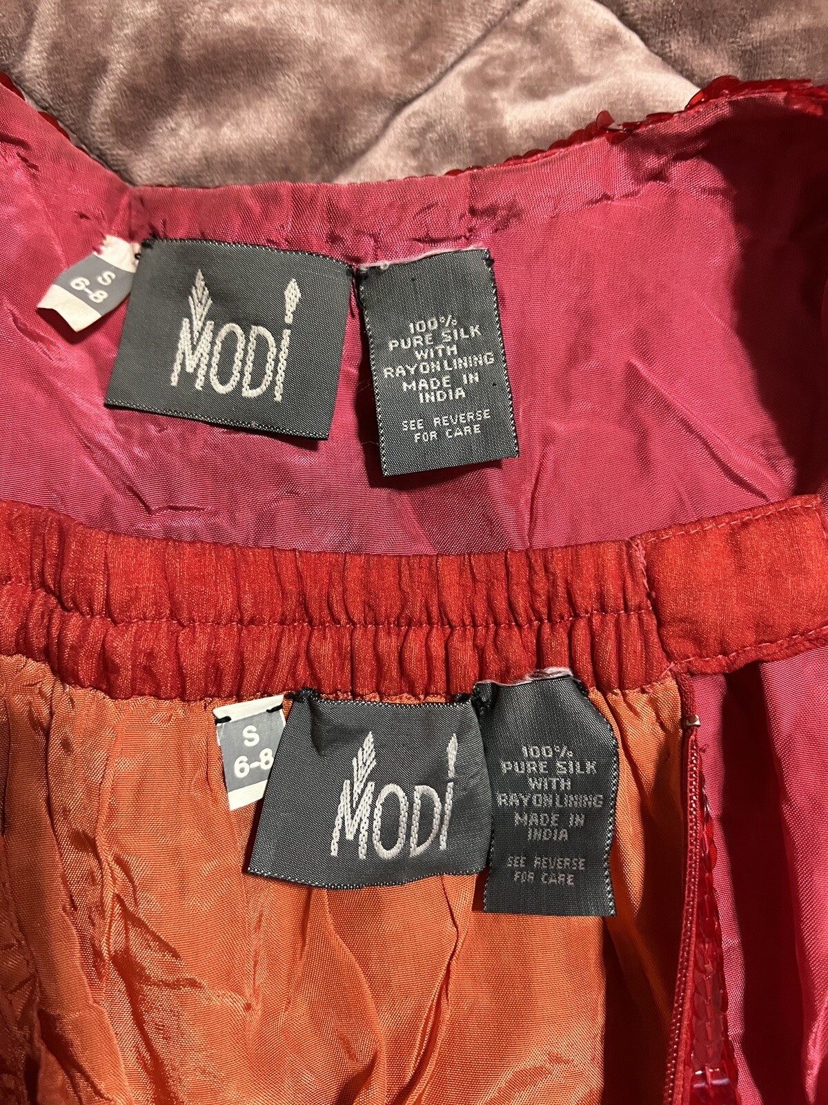MODI Red Silk Sequin Beaded Double Breasted Nautical Anchor Jacket Skirt Set 6-8