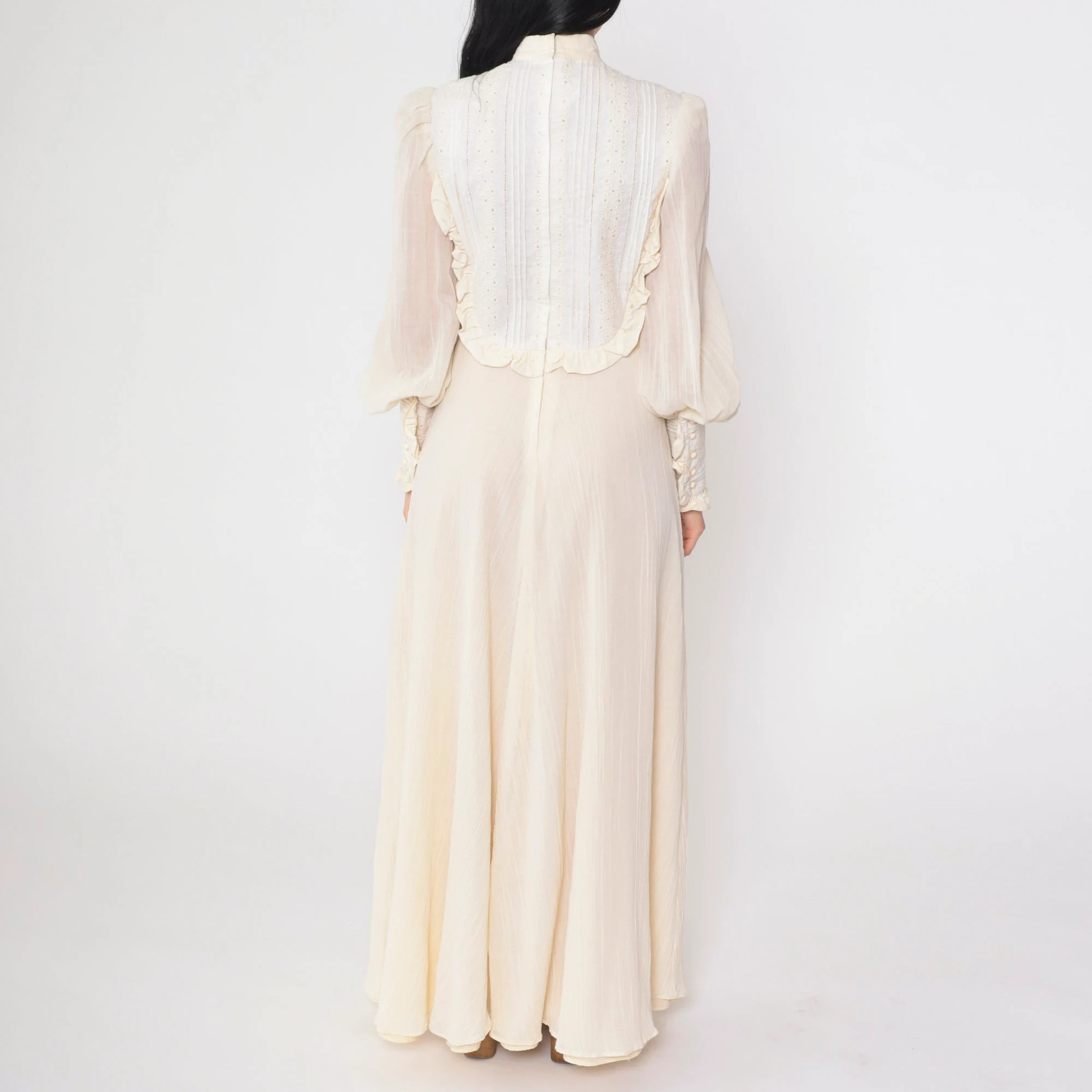 70s Prairie Dress Cream Victorian Maxi Dress Eyelet Lace Bib Puff Sleeve Cottage