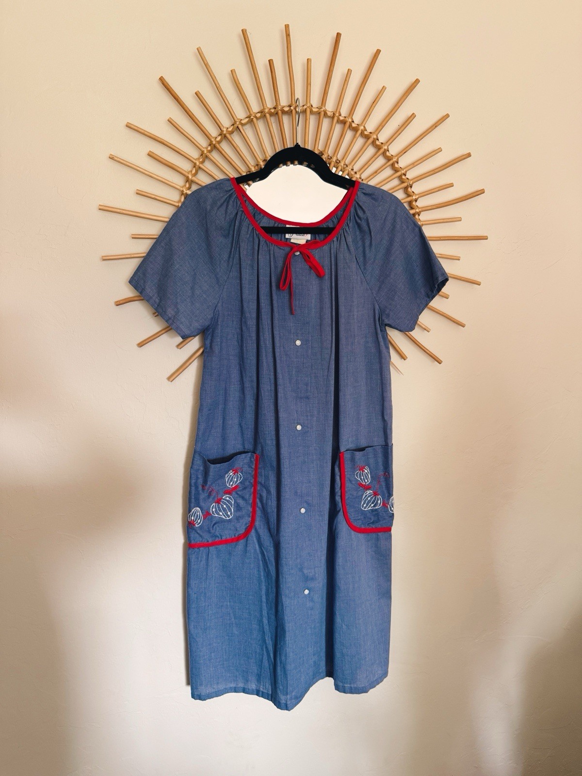 Vintage 1970s Plaza 9 Embroidered Strawberry Blue & Red Mumu Dress Size Medium