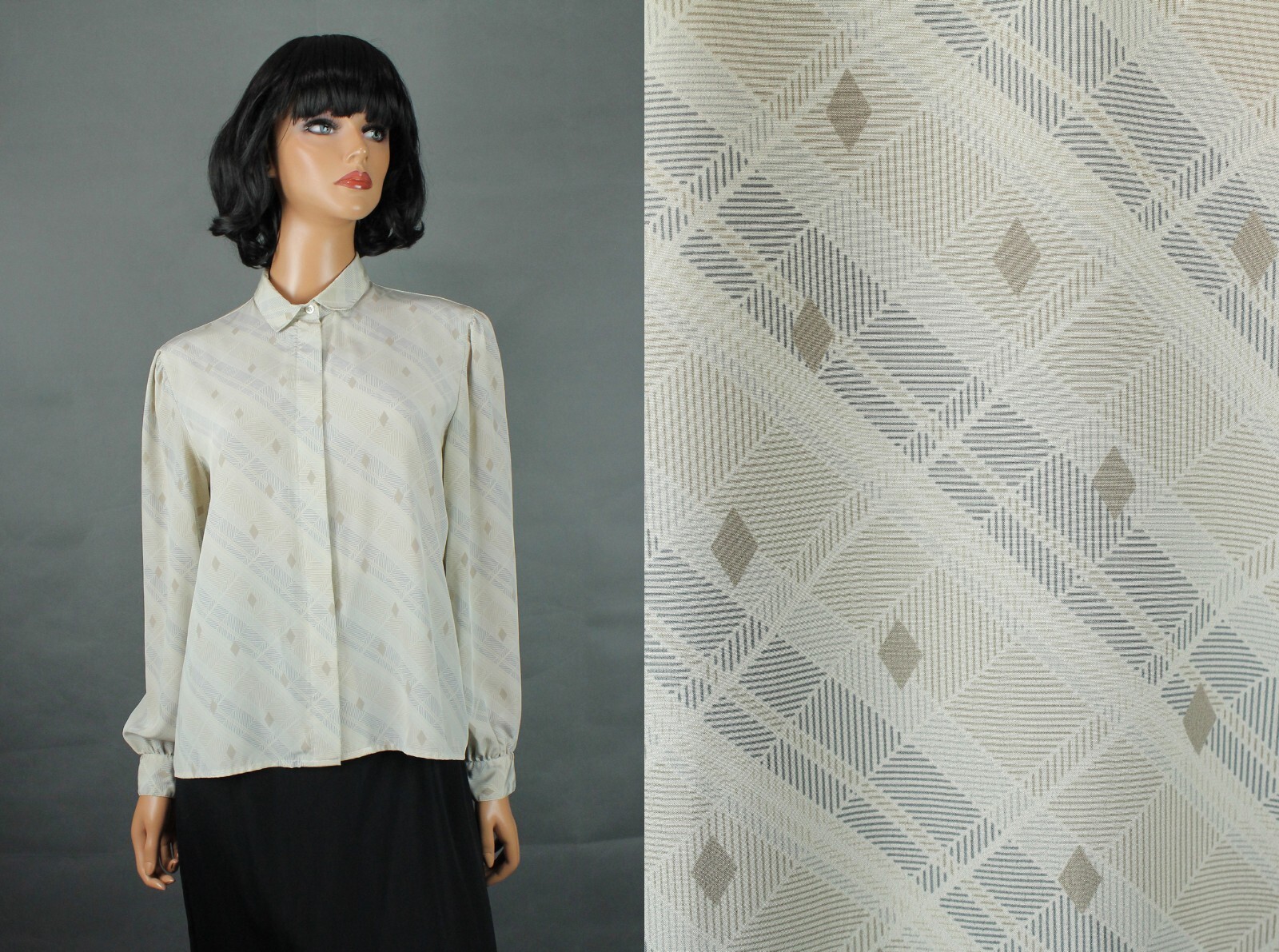 Vintage Secretary Blouse Sz 14P L 80s Beige Gray Plaid Geometric Dress Shirt
