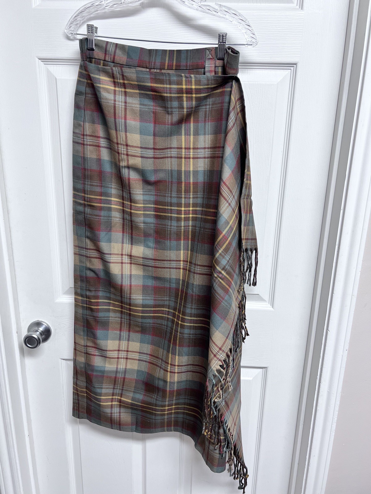 NEW The Peterman Company Sz12 Wool Cashmere Lined Fringe Tartan Plaid Wrap Skirt
