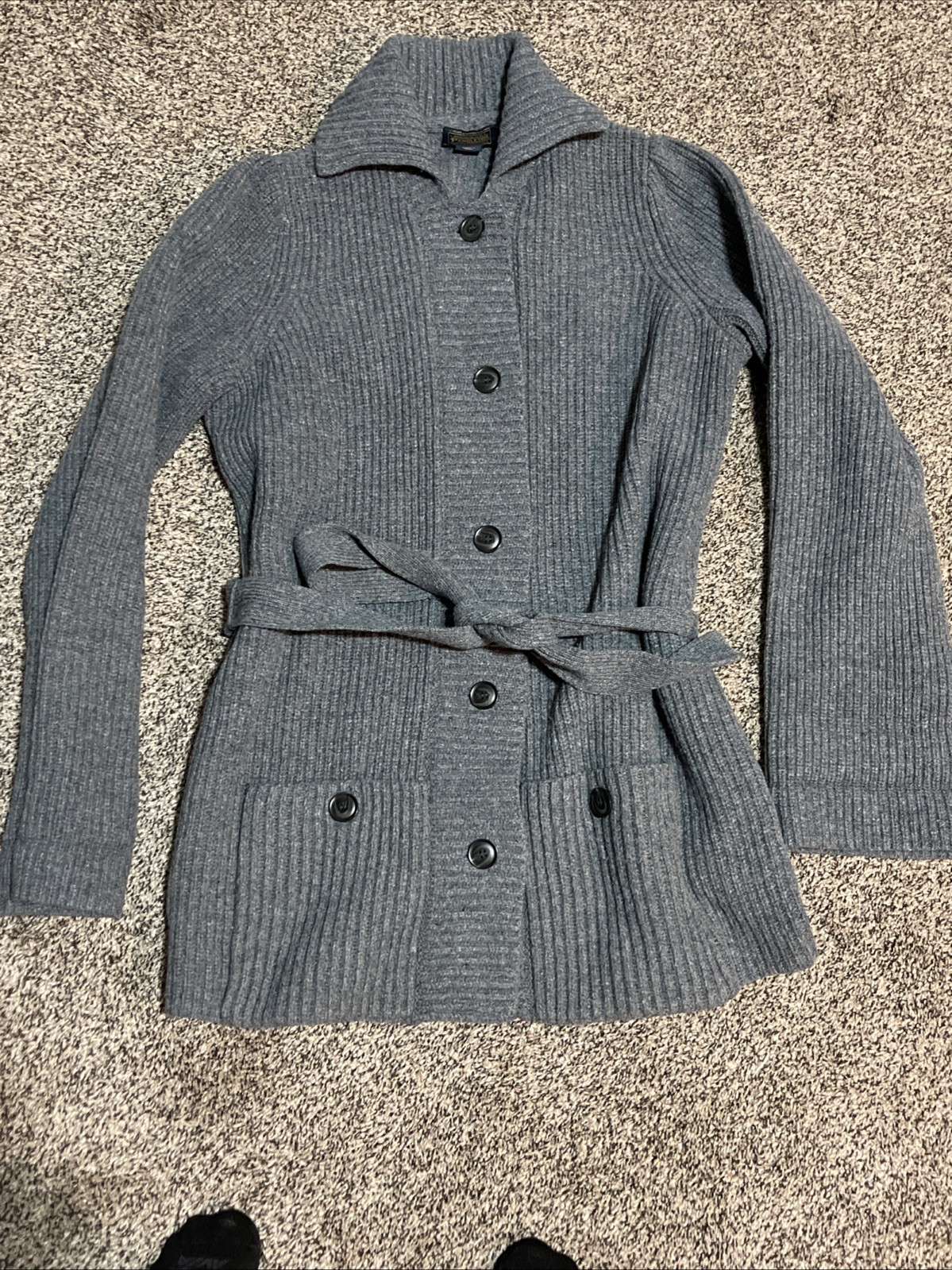 VTG Pendleton Cardigan Belt Lambs Wool L Gray Button Collar