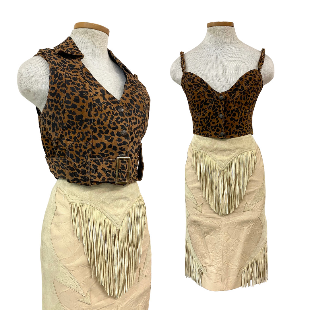 Vtg 80s 1980s Easy Rider Motorcycle Cheetah Print Bustier Cropped Vest Set