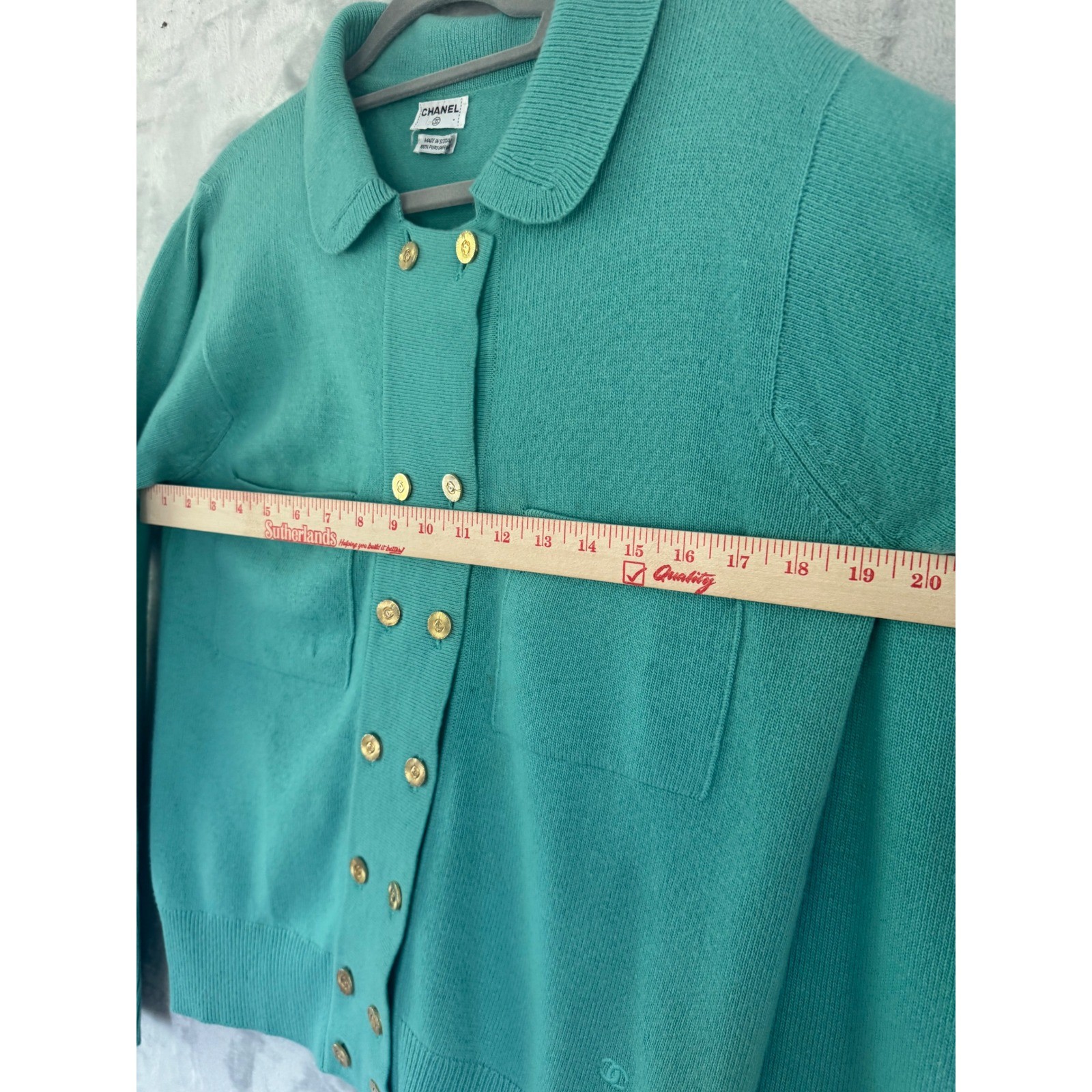 Chanel Vintage Cashmere Skirt Suit Teal Green Gold CC Buttons Scotland Sz 8 10