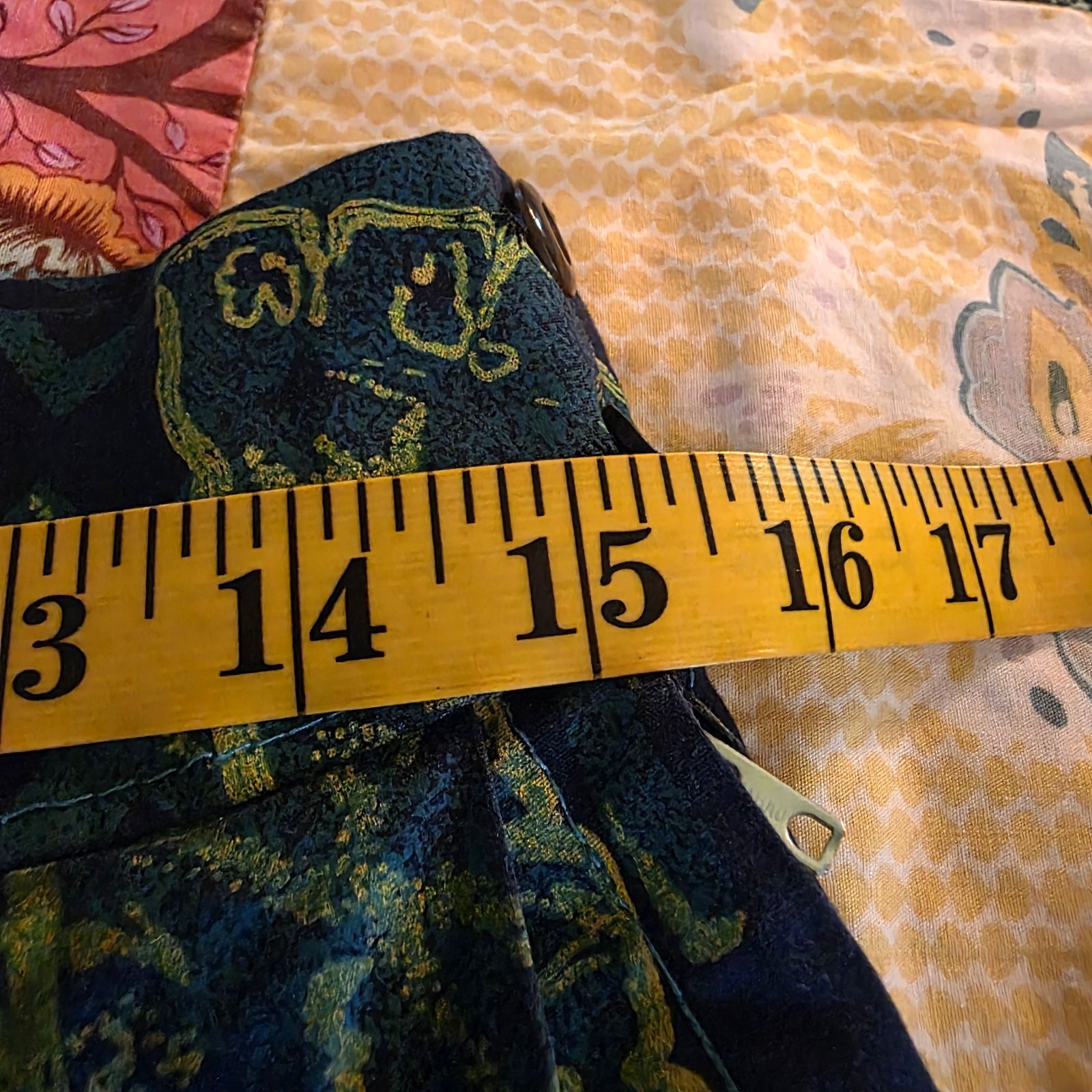 Vintage Abstract Geometric Print Midi Skirt Teal Green Pleated Full A-Line 30W