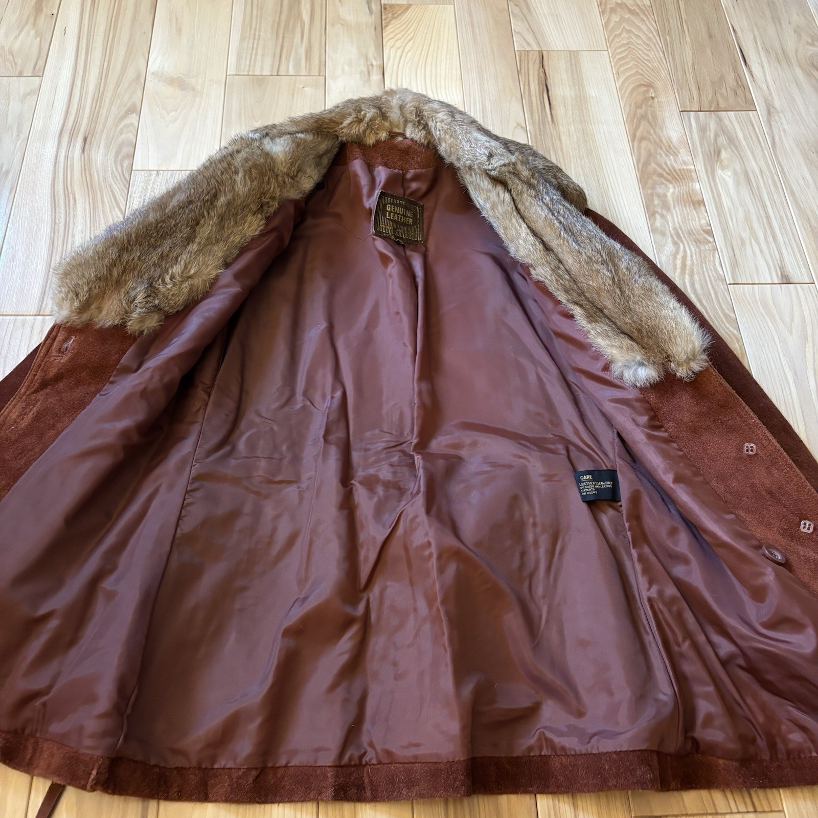 Vintage 70’s Genuine Suede Leather Rabbit Fur Collar Belted Jacket