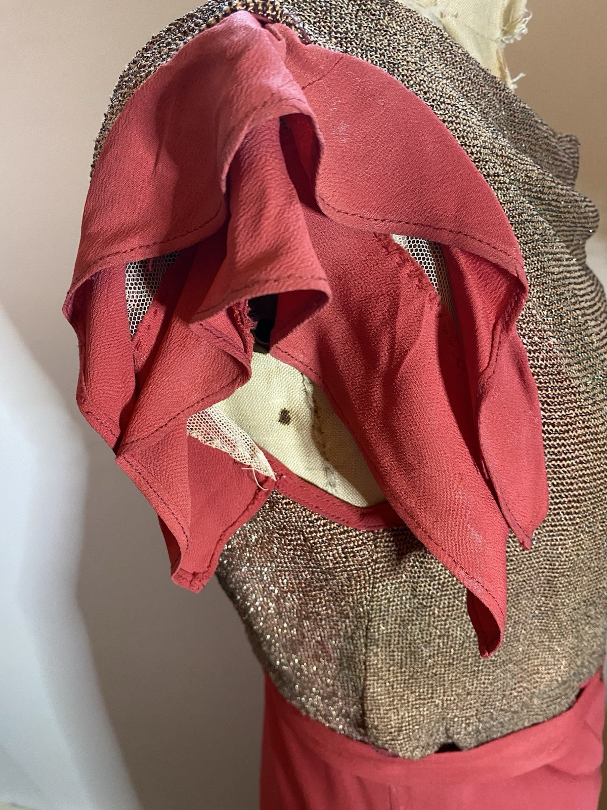 Vintage 1930s Bias Cut Red Rayon Crepe Woven Metallic Knit Evening Gown Dress