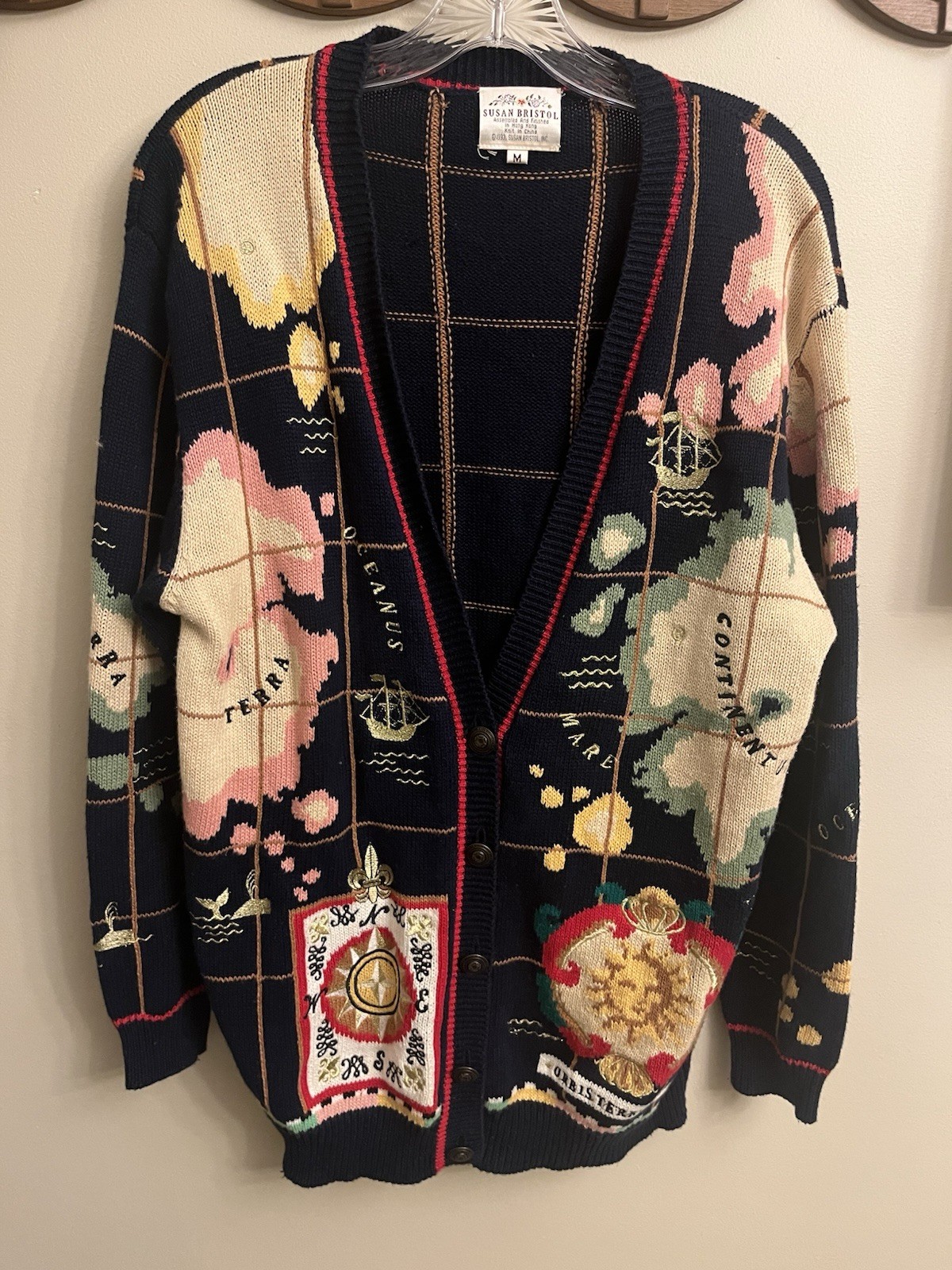 Vtg 90 Cardigan Sweater Susan Bristol Hand Knit Embroidery Novelty World Map M