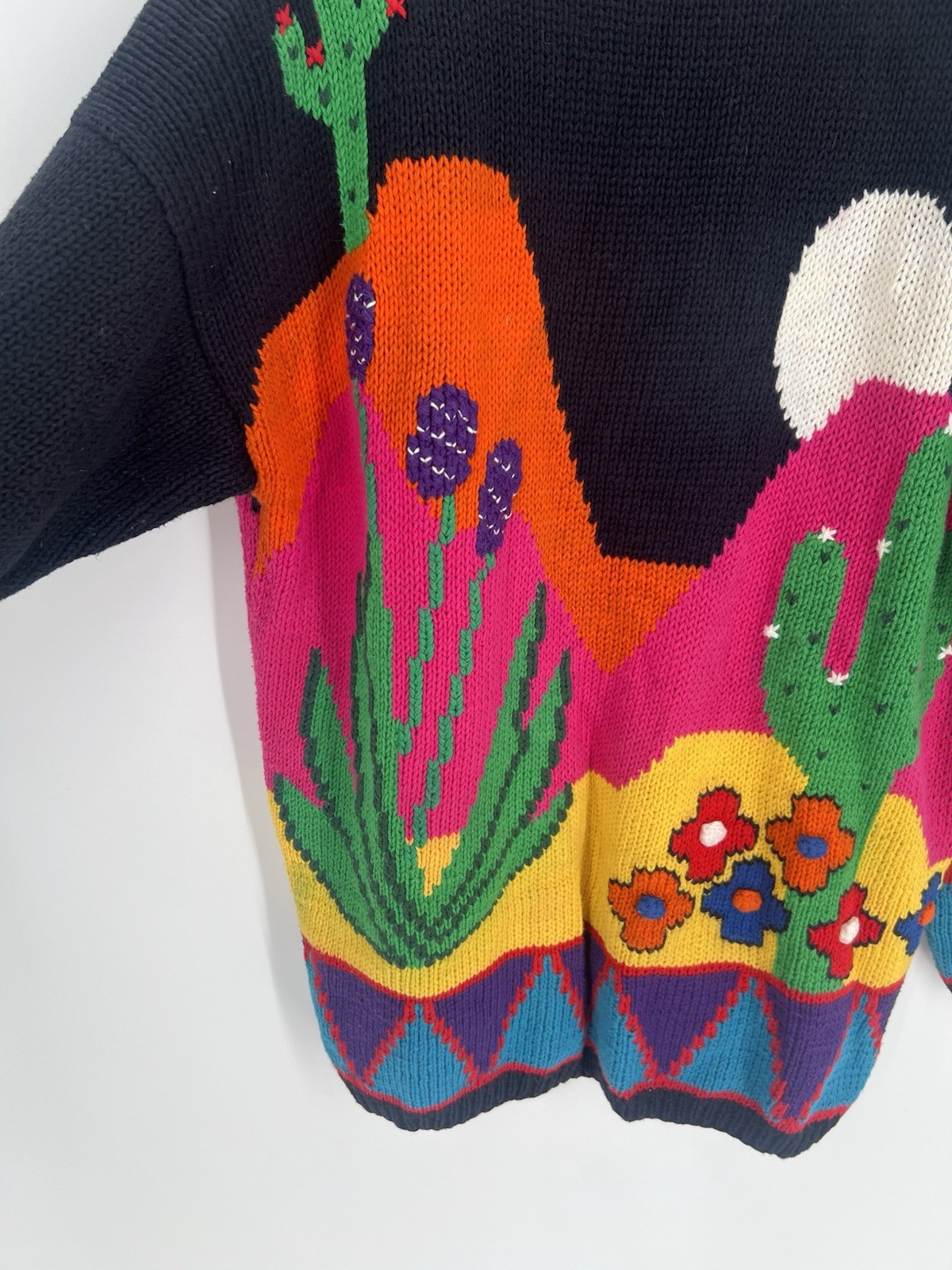 Vtg Andina Retro Abstract Embroidered Floral Cactus Chunky Knit Sweater Cardigan