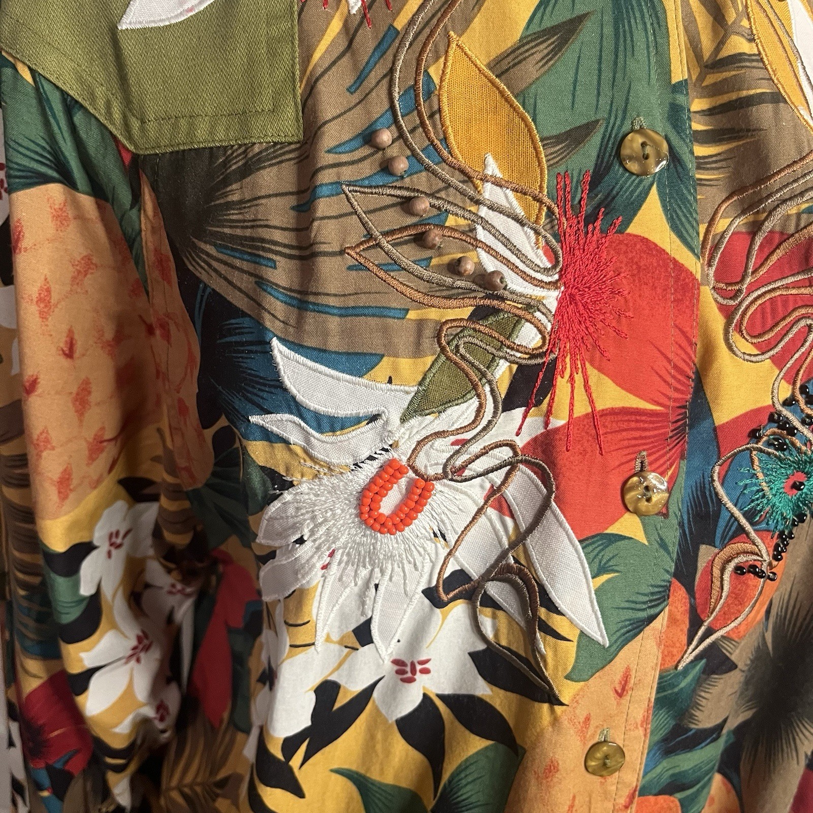 Vintage Marc D’alcy Tropical Embroidered Shirt Sz M Beaded Lace Up Sleeves Art