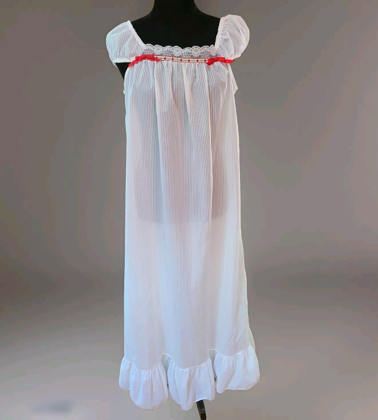 Vintage Coquette Semisheer Long Nightgown Cap Sleeve Sz 5 Red Ribbon Bow Trim