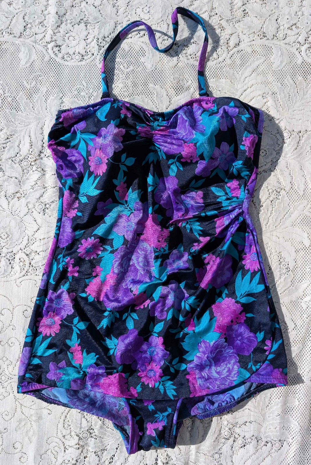 Vintage 70s 80s Maxine of Hollywood Black Purple Pink Floral Skirt Swimsuit